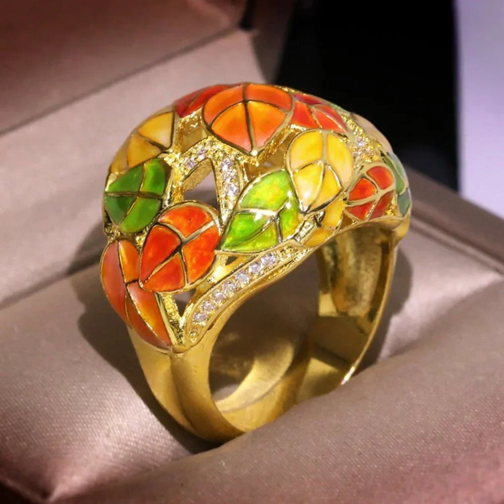 Jewelry ring dome style wide statement leaf Fall Autumn yellow gold tone new